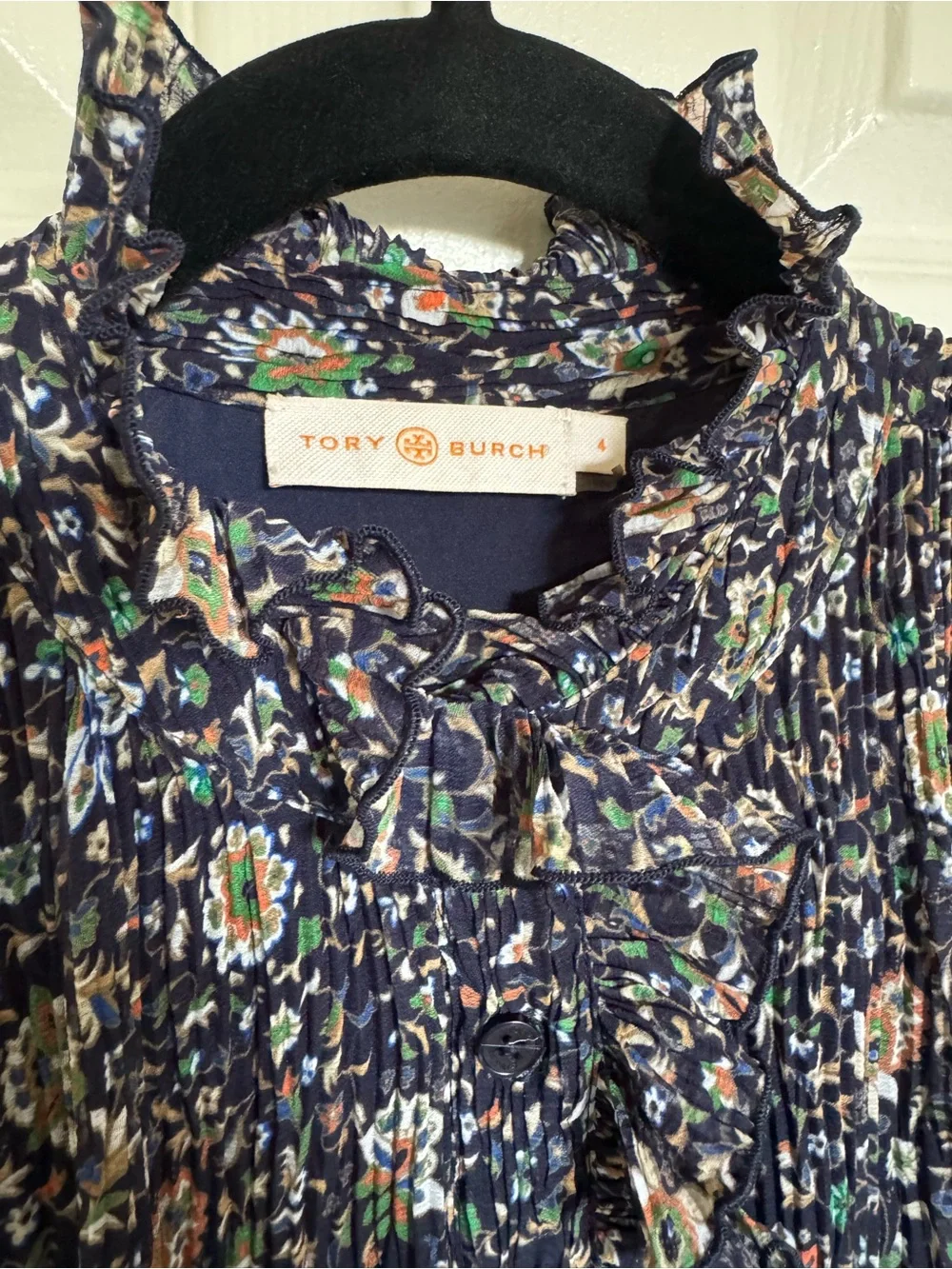 Tory Burch Navy Floral Long-Sleeve Ruffle Tie-Waist Dress